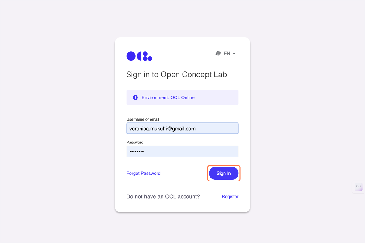 Type your OCL "username" and "password" then click "sign in"