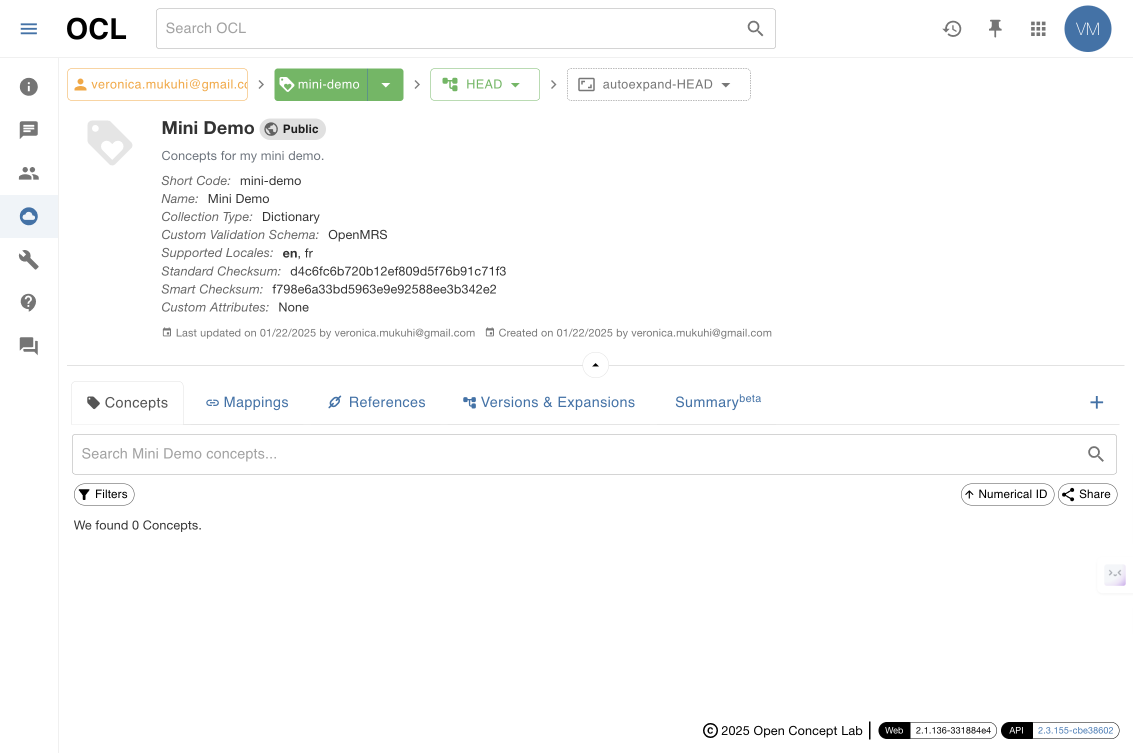 When you check the content of the mini-demo collection, you will find that there are no concepts in it at the moment.