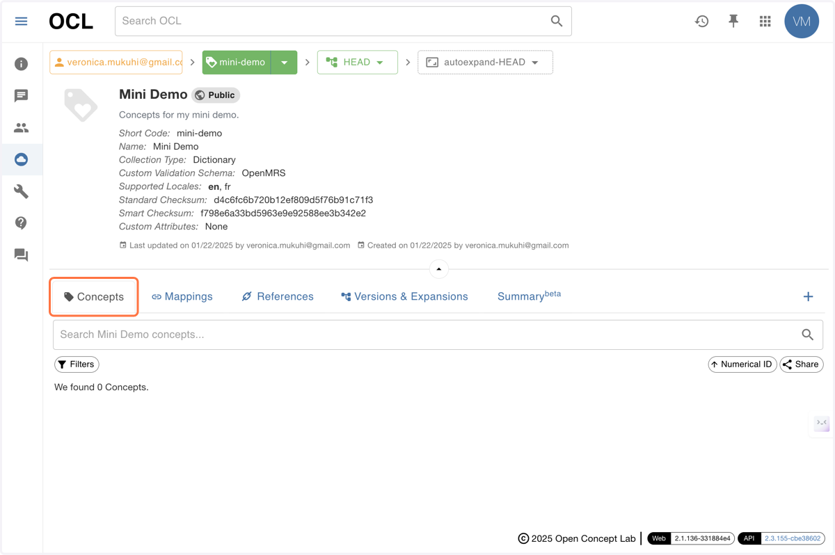 When you check the content of the mini-demo collection, you will find that there are no concepts in it at the moment.
