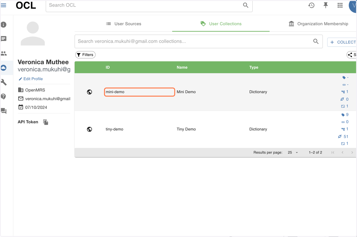 When you check the "User Collections", you can see the newly created "mini-demo" collection.