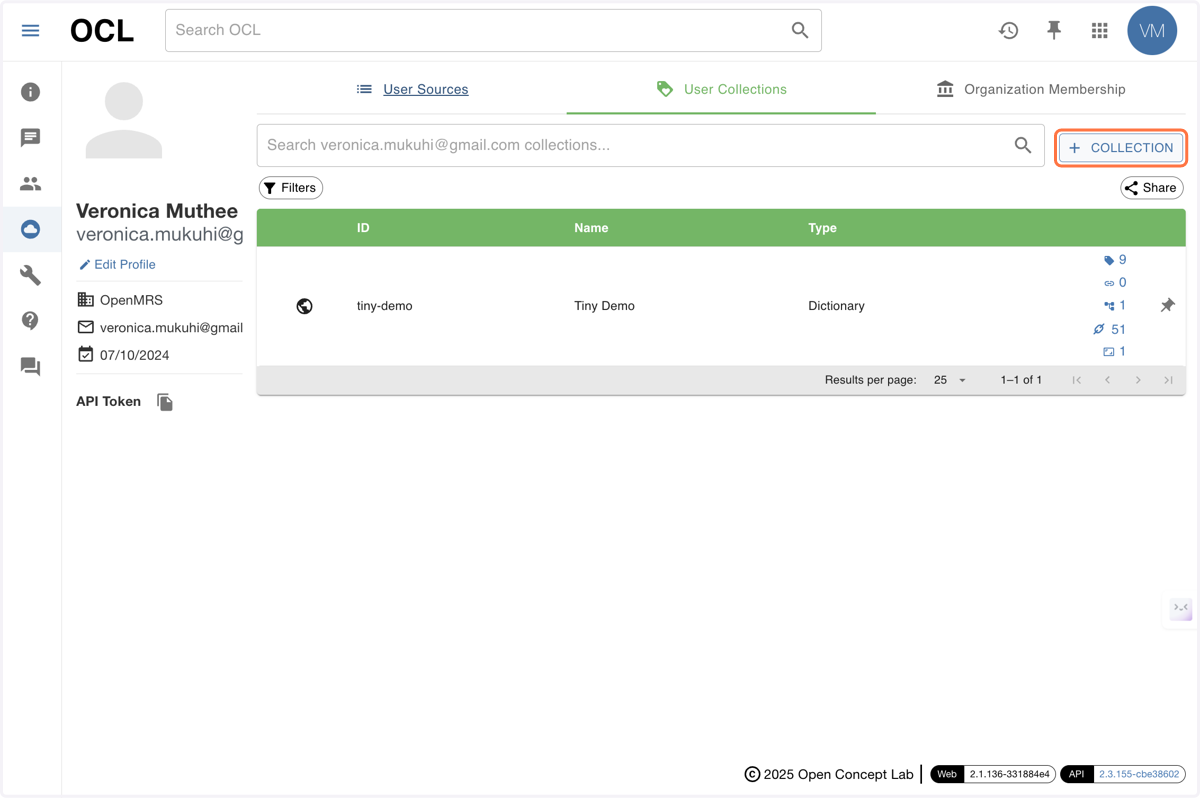Navigate to "User Collections" and click on the + Collection button.