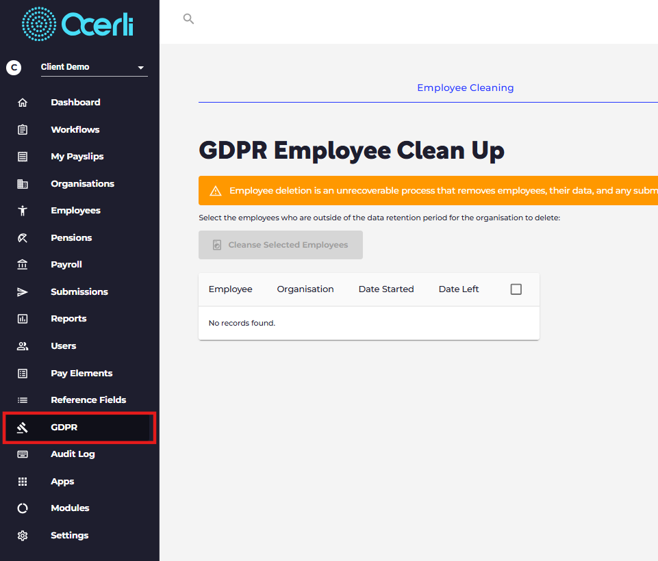 GDPR: Cleanse left employees from the app who are outside of the data retention period for the organisation.