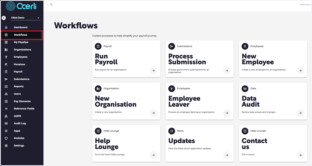 Workflows: Quick link tiles to all workflows in the app
