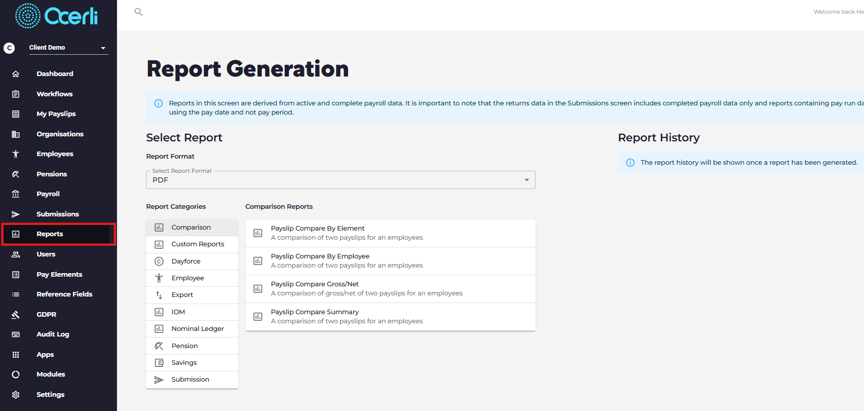 Reports: Generate and download your payroll, nominal ledger and pension reports.