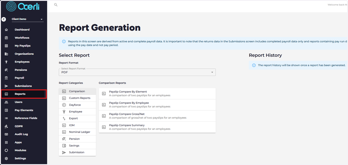 Reports: Generate and download your payroll, nominal ledger and pension reports.
