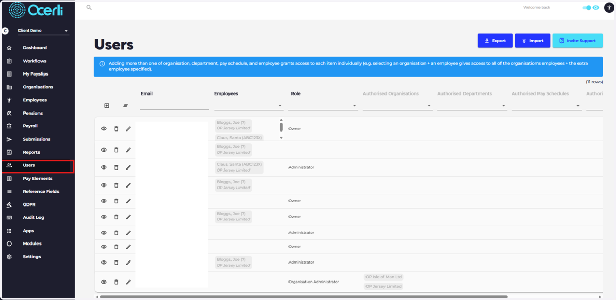 Users: Add, edit and delete user accounts and set user permissions (access rights)