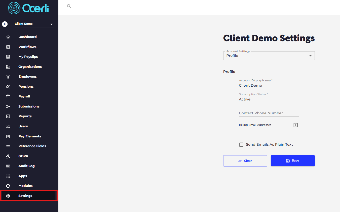 Settings: Edit your account display name and amend billing details