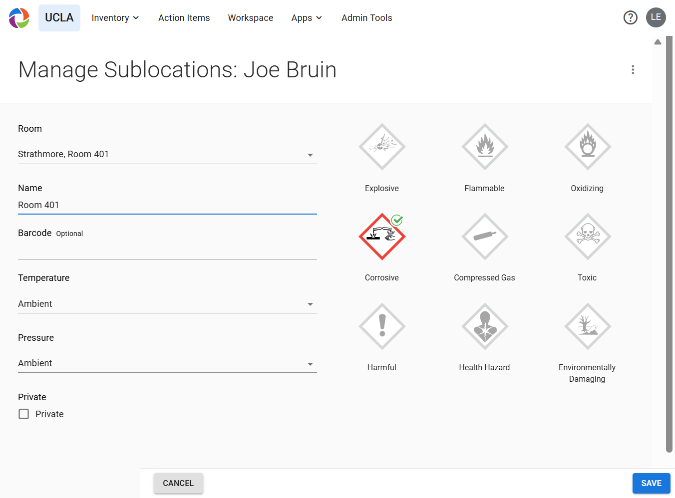 Select any applicable hazards to the chemicals stored in sublocation