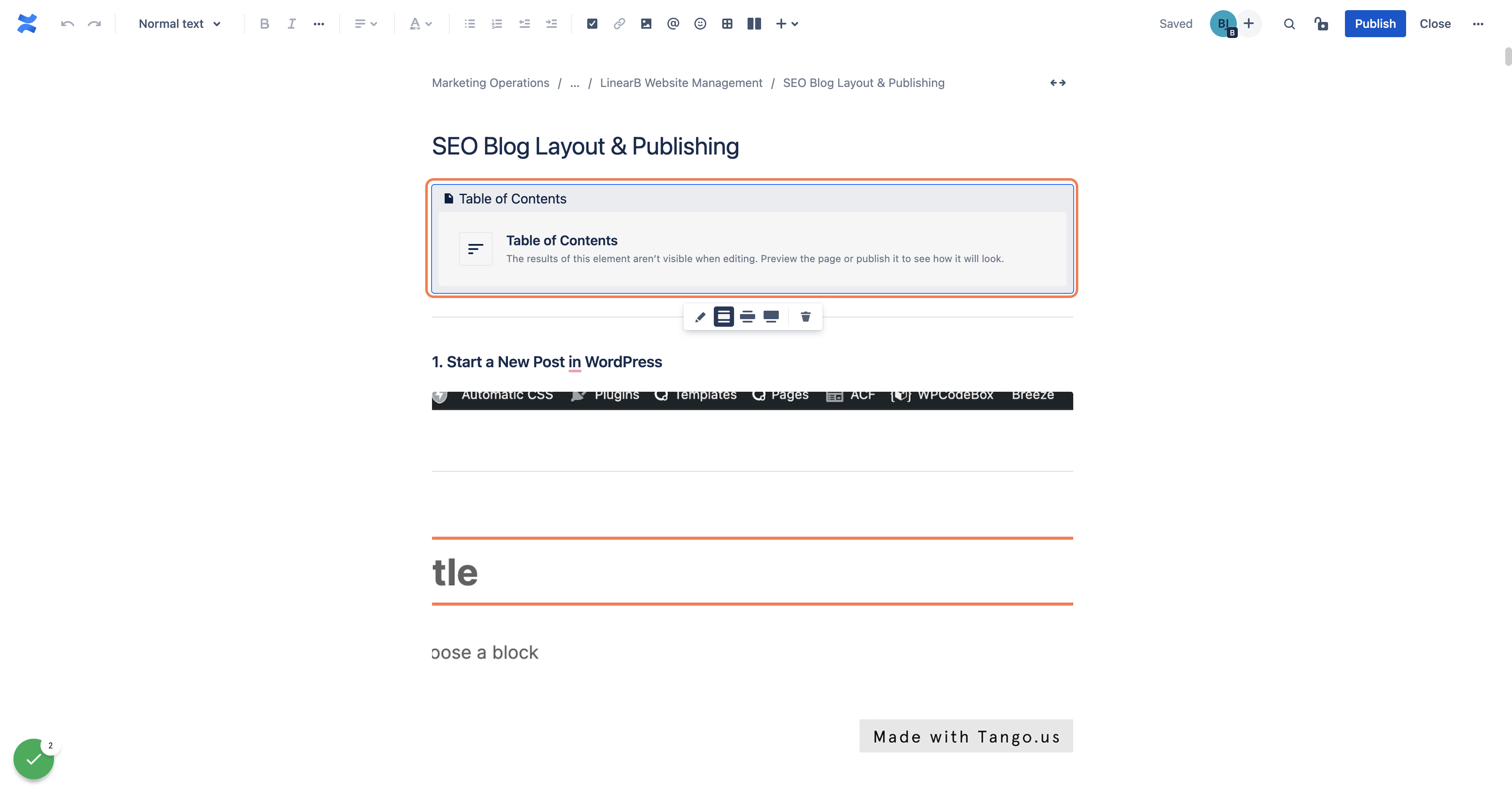 The Table of Contents widget will be added to your doc