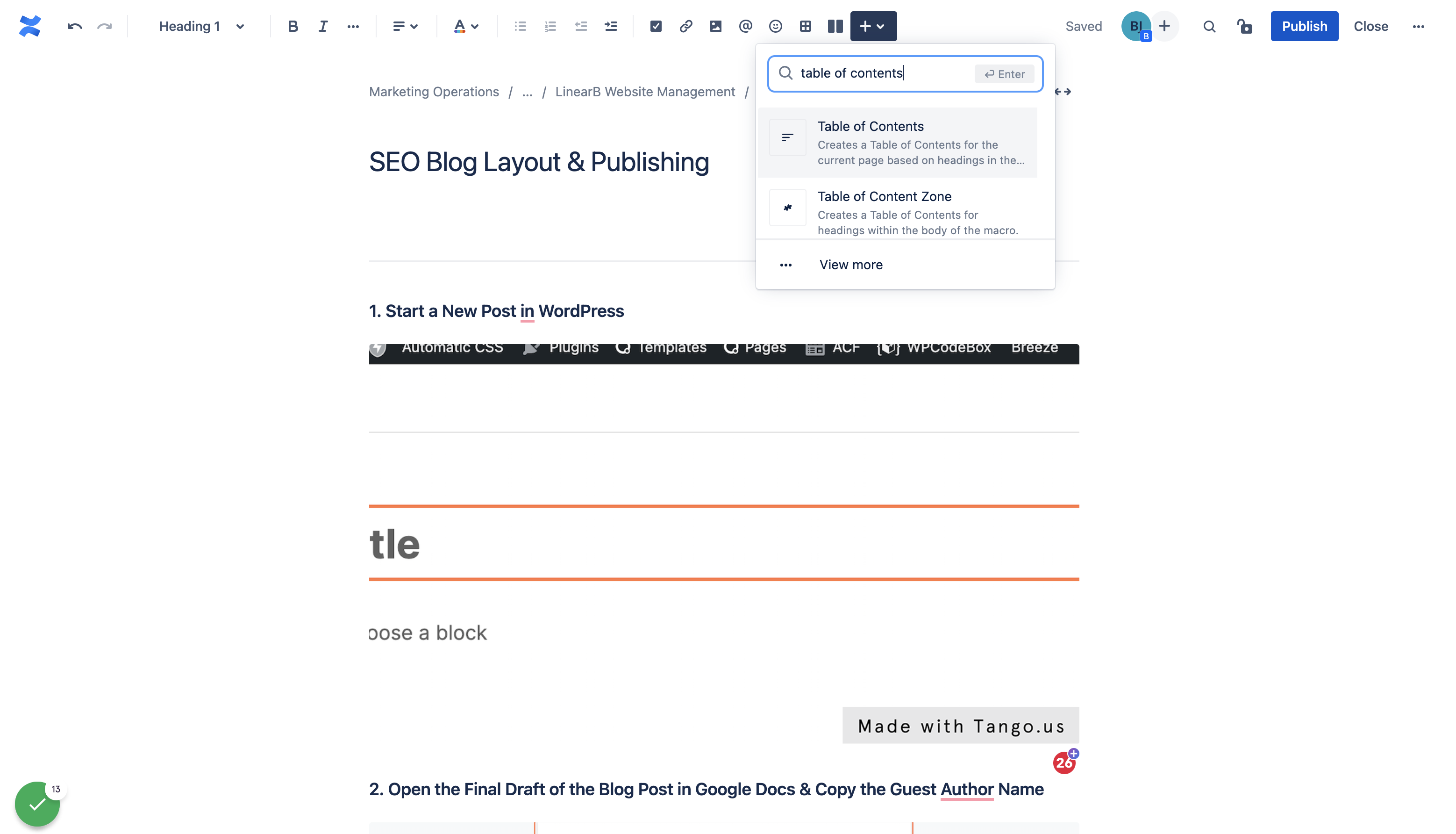 Type "table of contents"