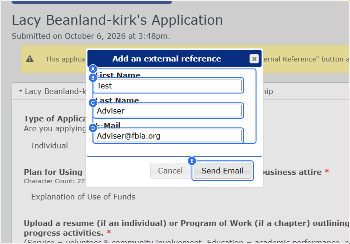 A. Click on First Name… B. Click on firstname C. Type in text field D. Type in text field E. Click on Send Email