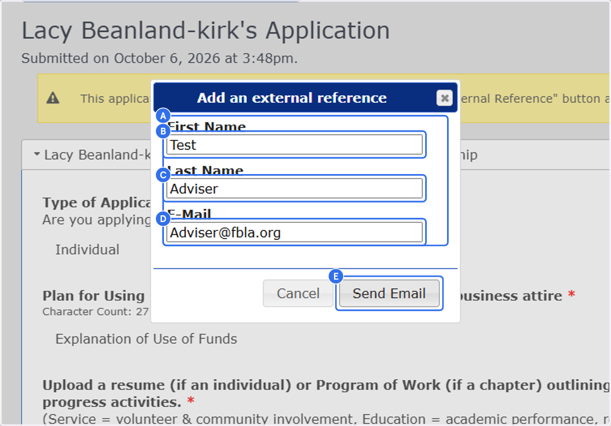 A. Click on First Name… B. Click on firstname C. Type in text field D. Type in text field E. Click on Send Email