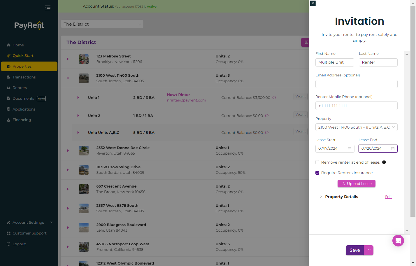 Click on Save to invite the renter.