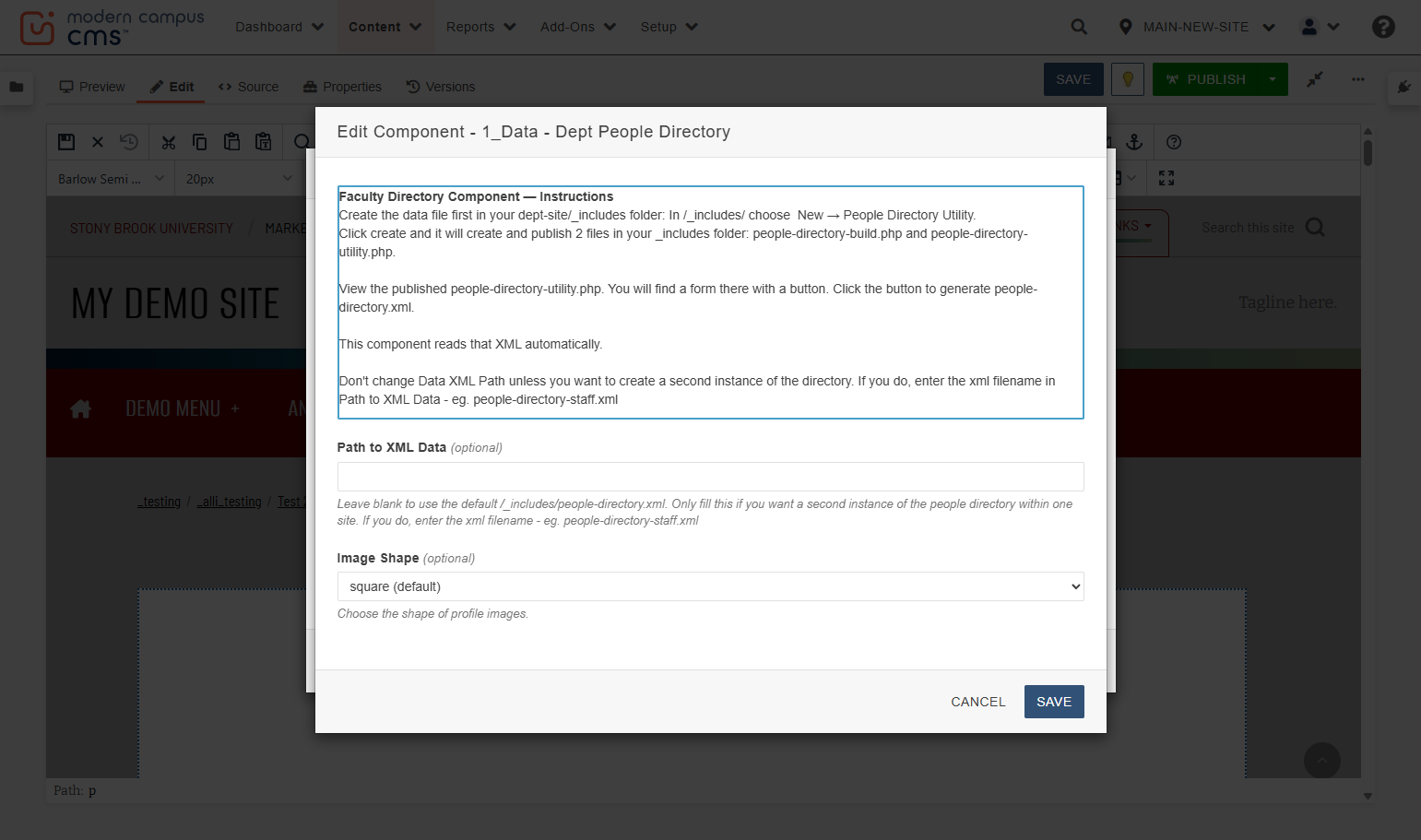...and there's a pop-up modal with instructions and a "Path to XML data." If you kept your file named people-directory.csv, you can leave this path blank. Otherwise, enter the path to your custom-named XML file here.