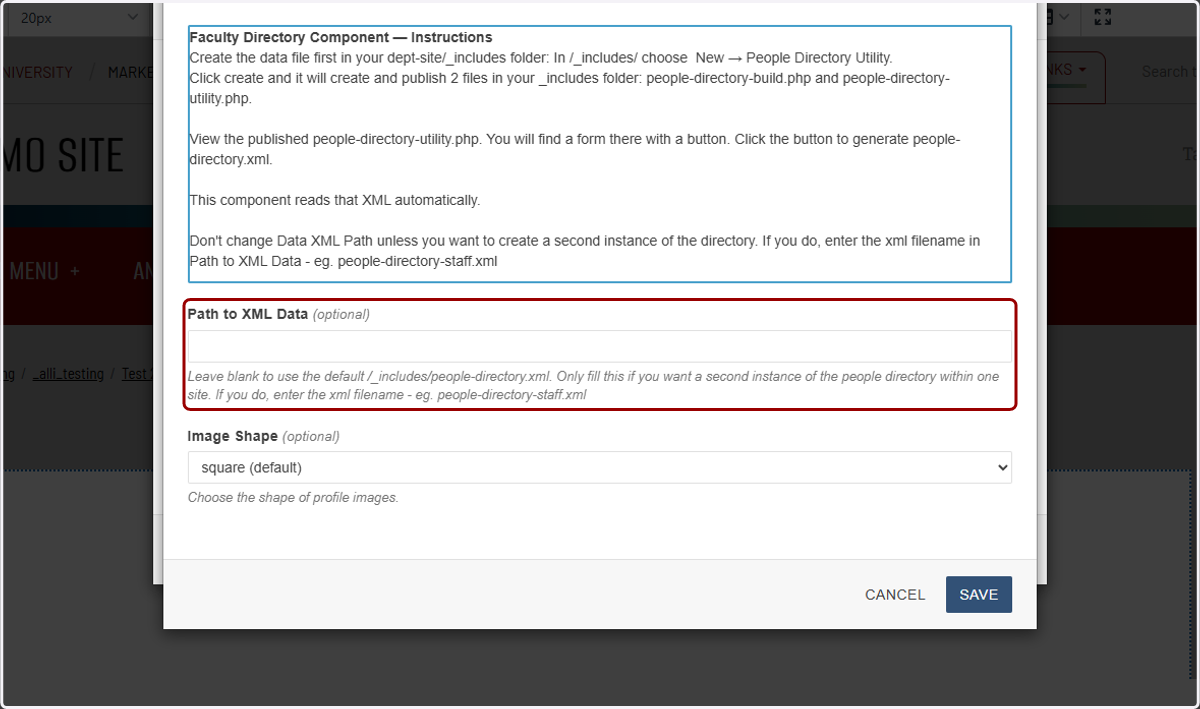 ...and there's a pop-up modal with instructions and a "Path to XML data." If you kept your file named people-directory.csv, you can leave this path blank. Otherwise, enter the path to your custom-named XML file here.