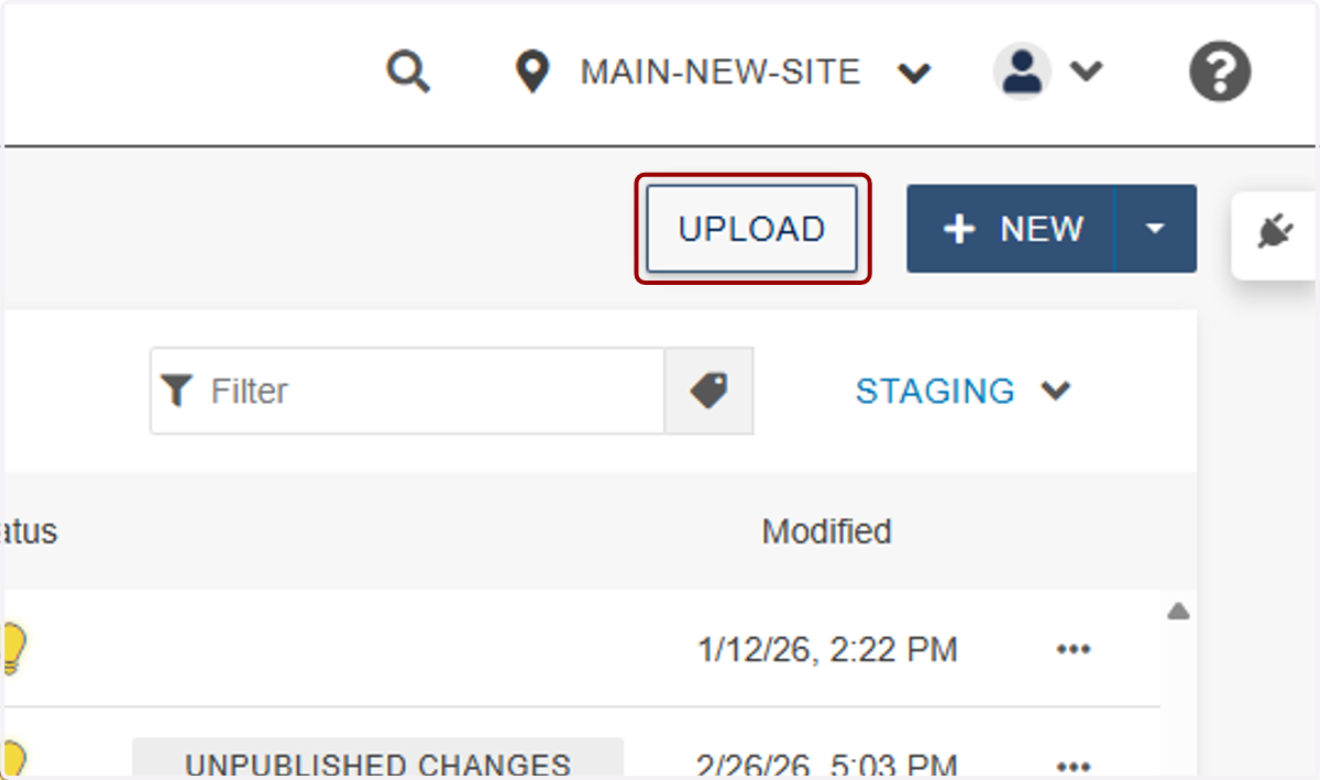 While still in the _includes directory, click the Upload button in the upper right-hand corner...