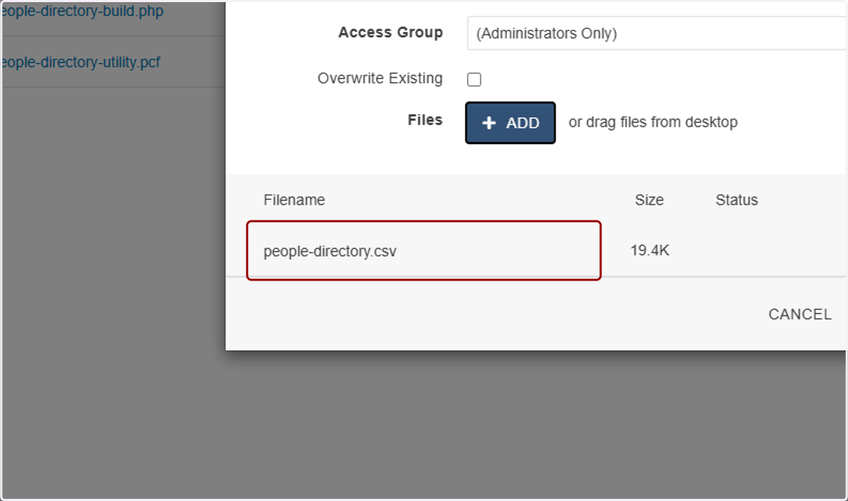 ...and upload your people-directory.csv file that you exported in Part 1. It's important (and easiest) that the file is named people-directory.csv, or we will review extra steps later if you need to use a different file name.