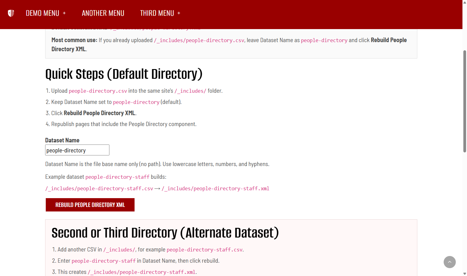 It's important that you view the live version of this page, or you will receive an error when we do the next step. You should see a page where you can update your dataset name (if different than "people-directory"). If you kept people-directory, leav