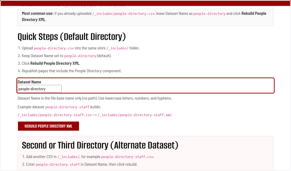 It's important that you view the live version of this page, or you will receive an error when we do the next step. You should see a page where you can update your dataset name (if different than "people-directory"). If you kept people-directory, leav
