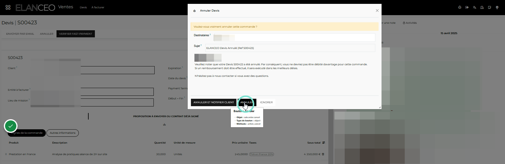 Cliquer sur "Annuler" si vous ne souhaitez pas envoyer de notification d'annulation au client