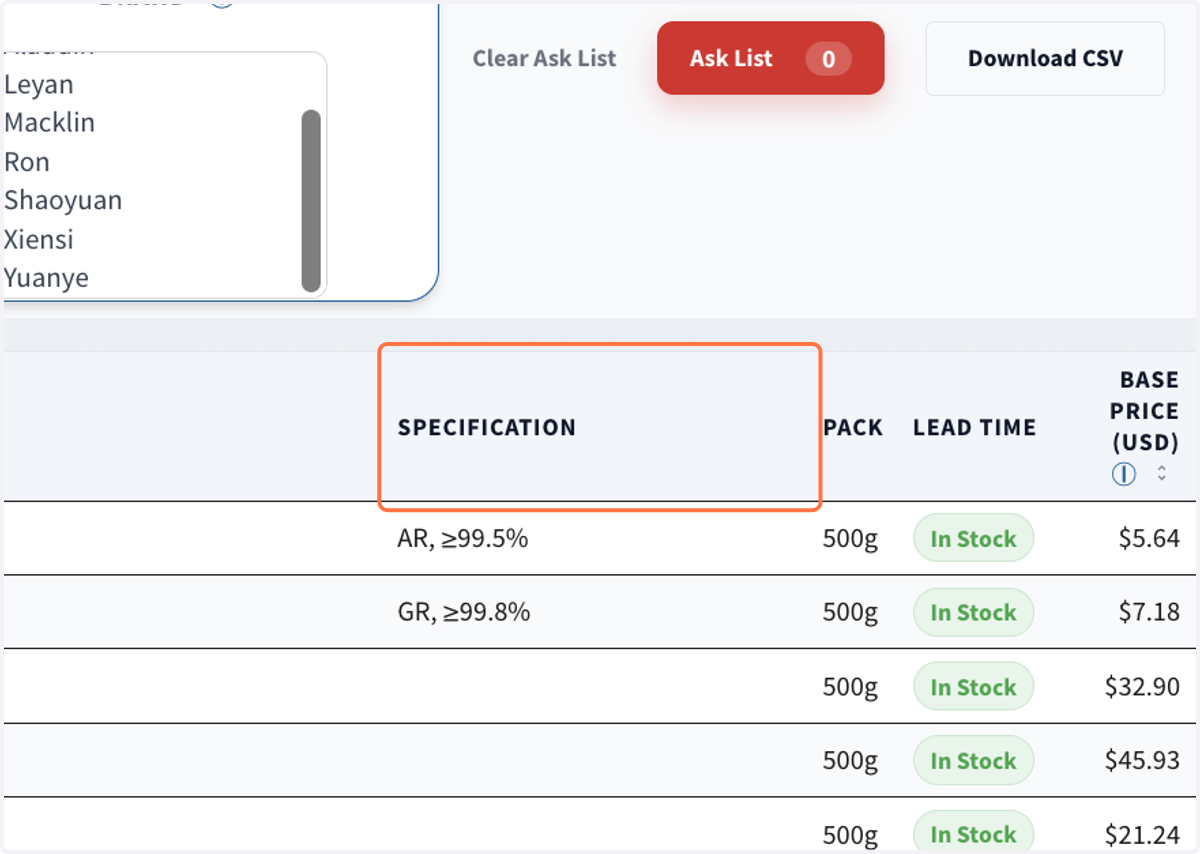 Click on "SPECIFICATION", "PACK" to sort