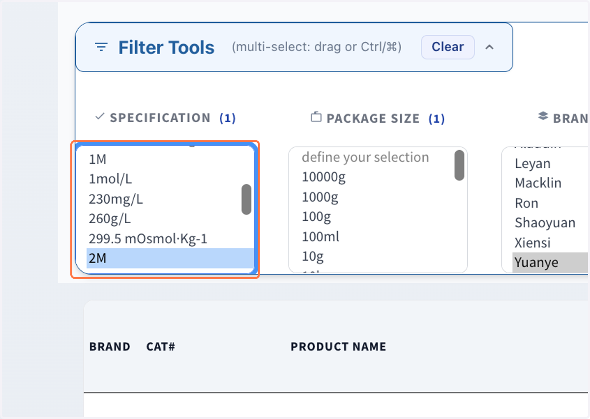 Choose a preferred "PACKAGE SIZE", a preferred "BRAND Ⓘ", a preferred "SPECIFICATION" to refine options