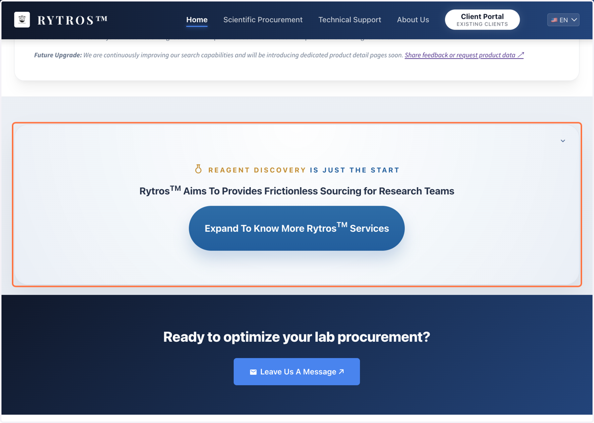On home page, click on "Expand to Know More Rytros Services"