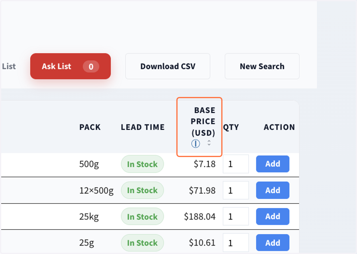 Click on "BASE PRICE (USD) Ⓘ" to sort on price