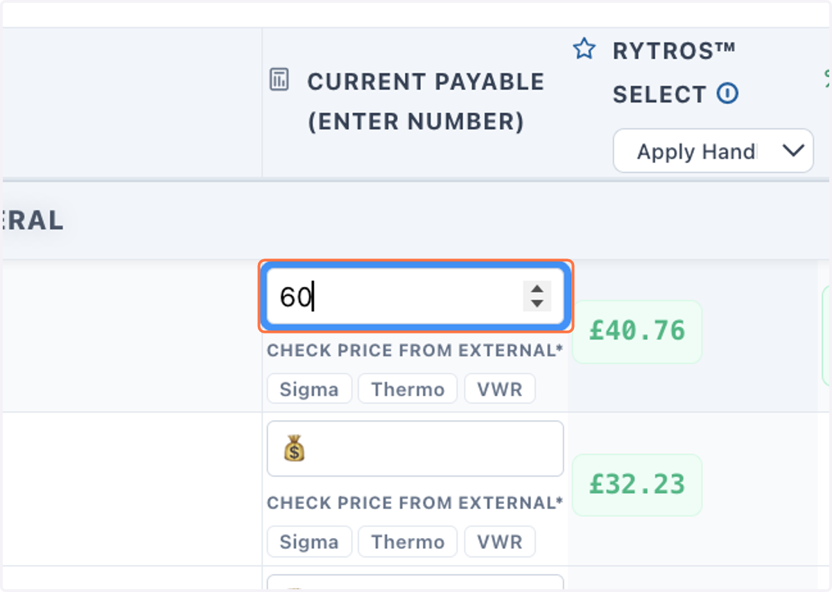 Enter you current cost for the specific itemsoss