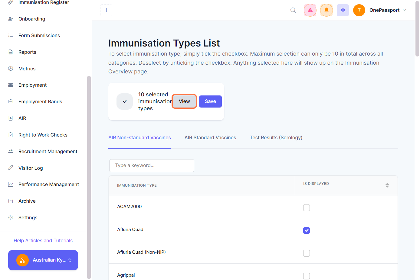 Clicking View button will open the list of immunisation types that are selected. You can only select up to 10 types.
