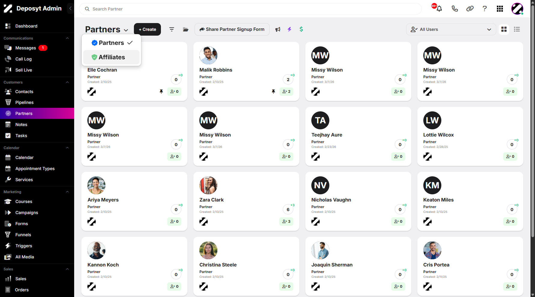 Step 1: Hover over the Partners dropdown menu and click Affiliates to continue.