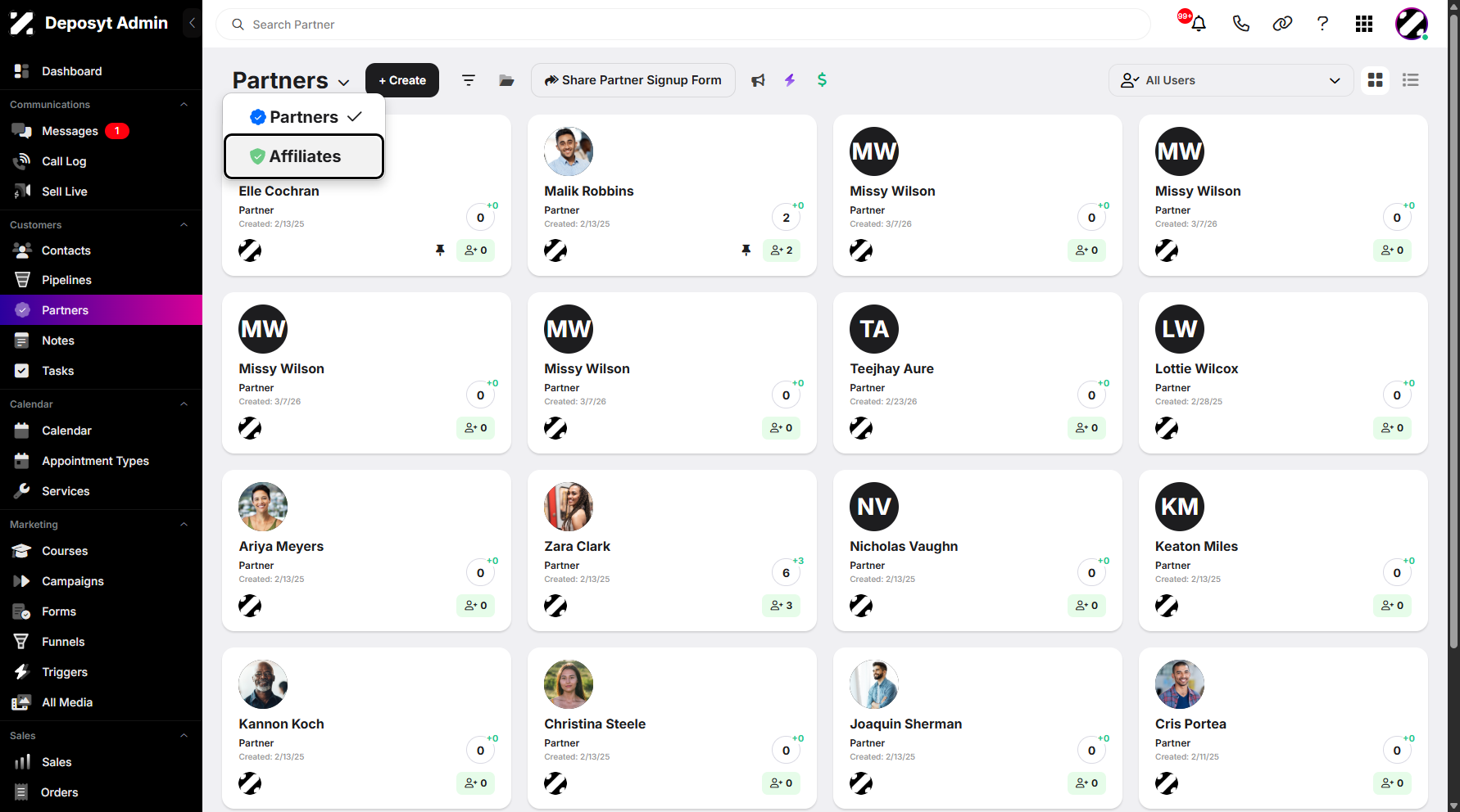 Step 1: Hover over the Partners dropdown menu and click Affiliates to continue.