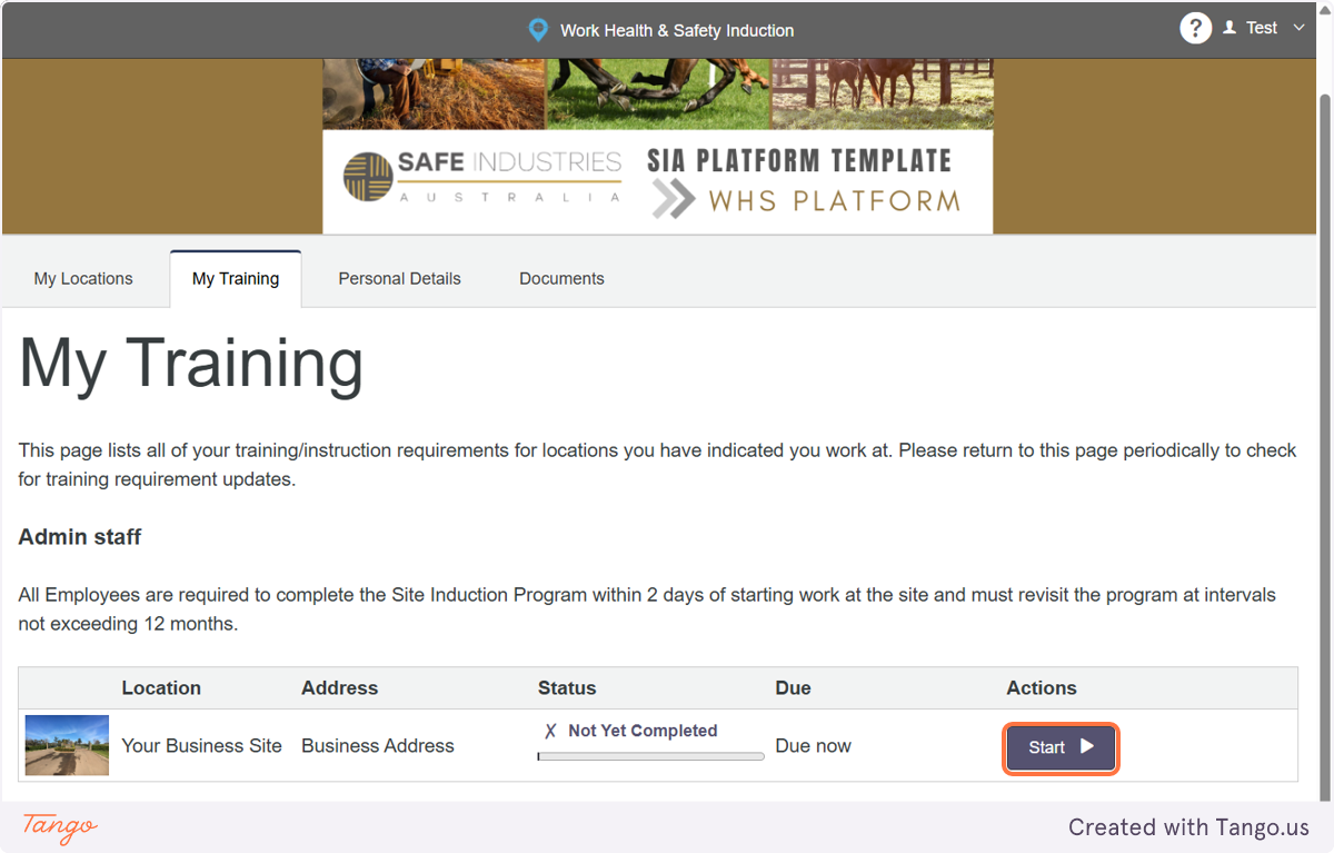 Click on Start to commence your induction