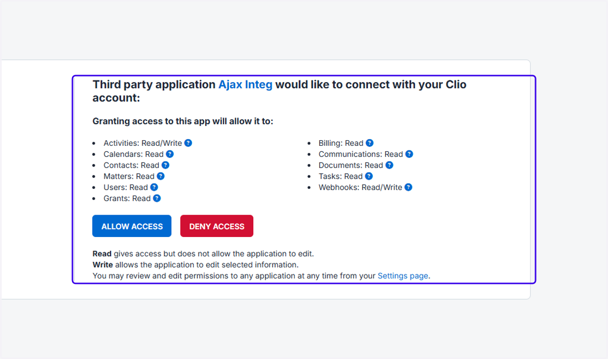 You'll see a screen asking you to connect Ajax to your Clio account