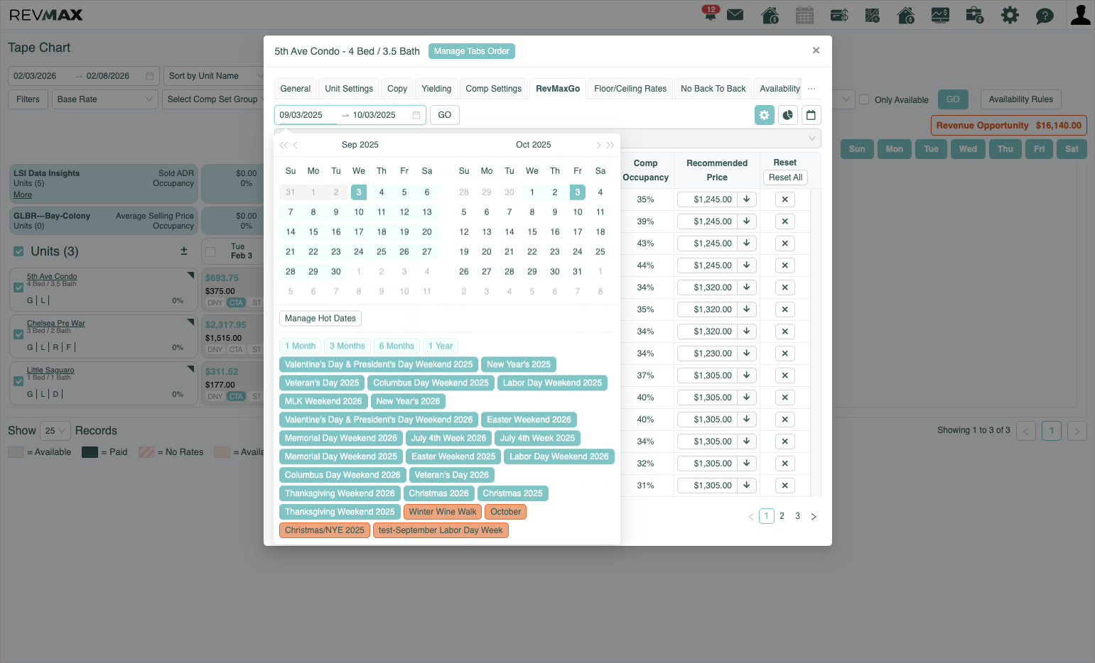 A. Click on the RevMaxGo tab B. Select the dates that you made the adjustments to