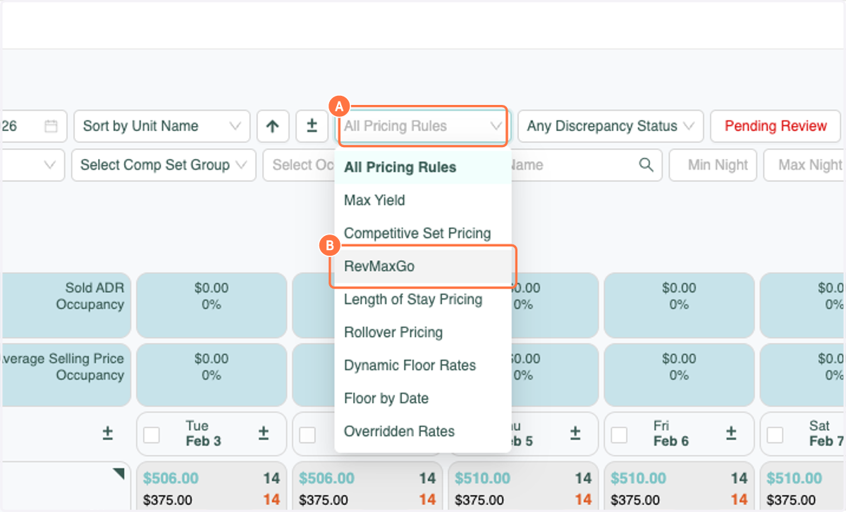 A. Click on All Pricing Rules B. Click on RevMaxGo