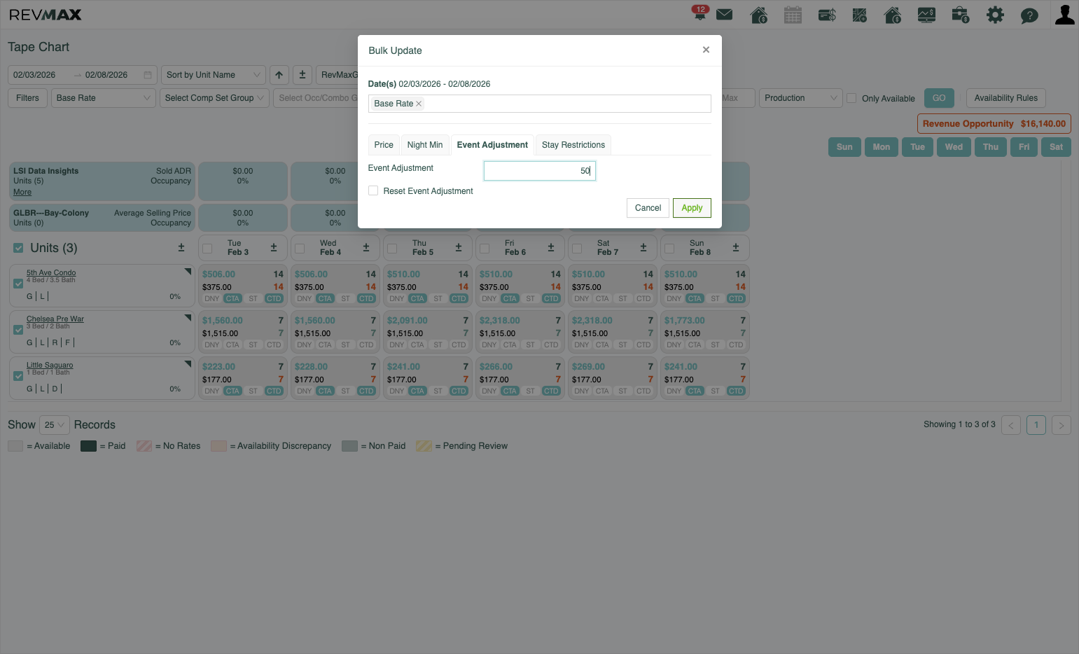 A. Click on Event Adjustment B. Enter the percentage that you'd like to adjust by C. Click on Apply