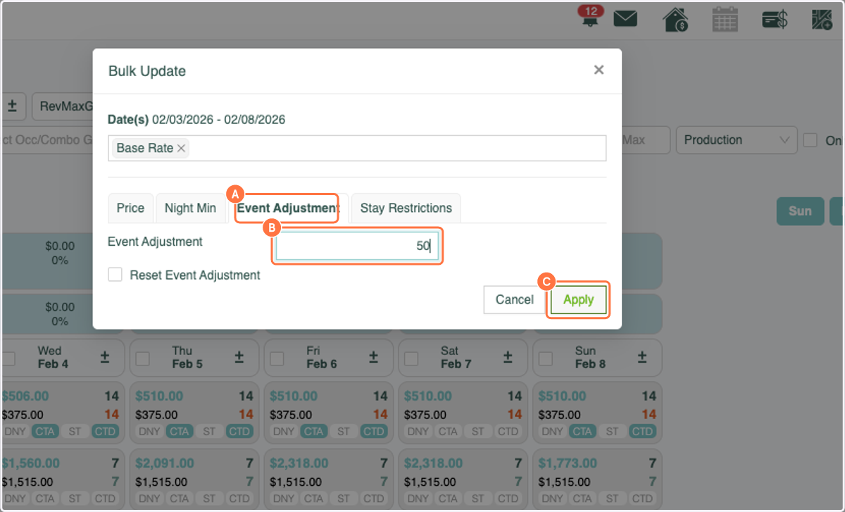 A. Click on Event Adjustment B. Enter the percentage that you'd like to adjust by C. Click on Apply