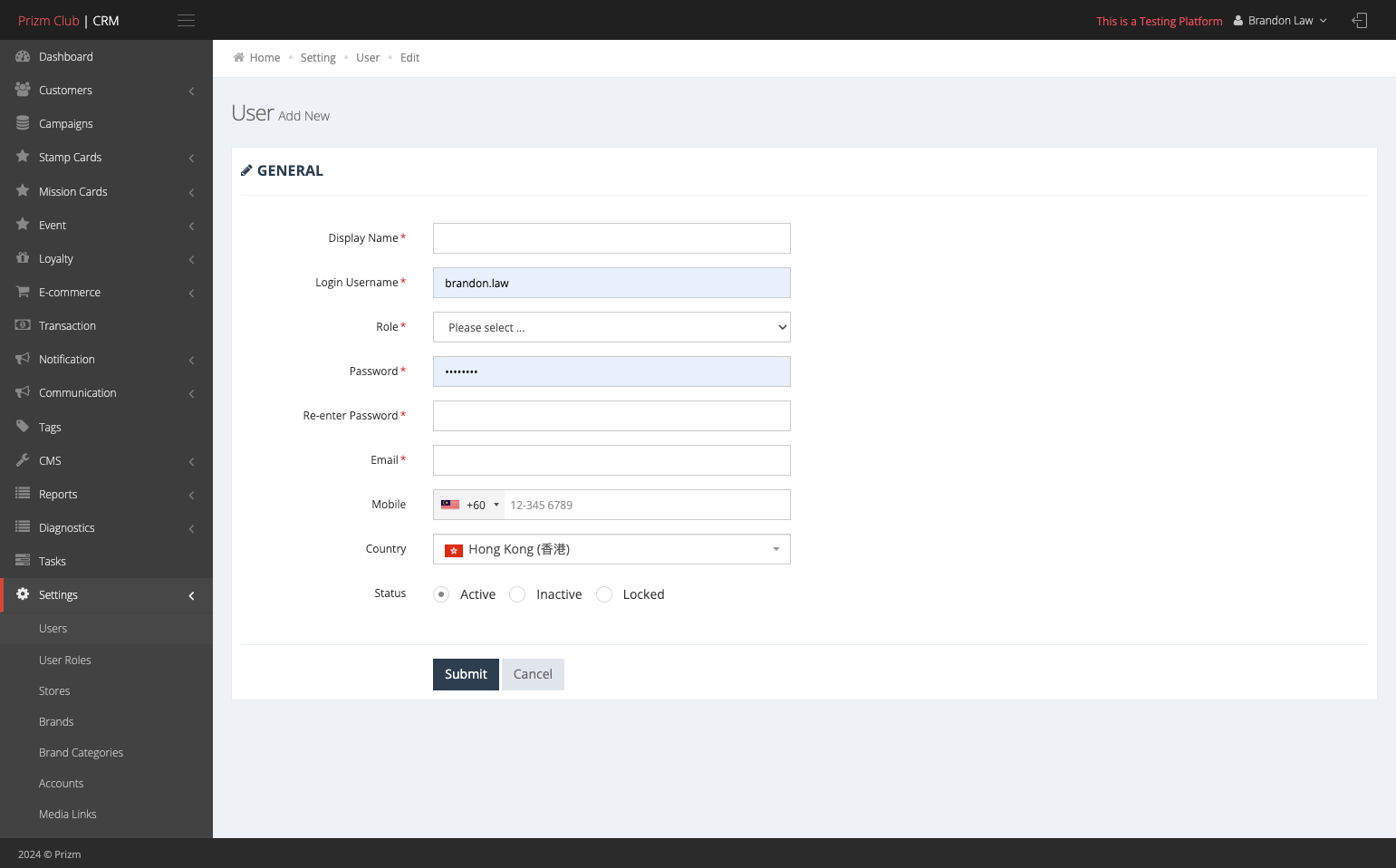 Insert Display Name and Login Username