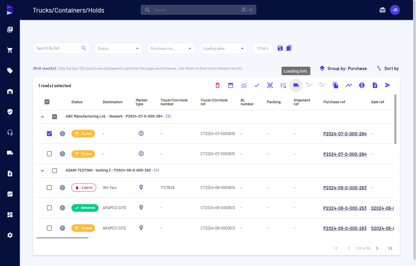 Select your truck/container and click on 'Loading info'