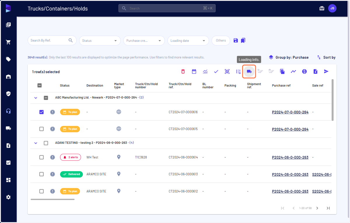 Select your truck/container and click on 'Loading info'