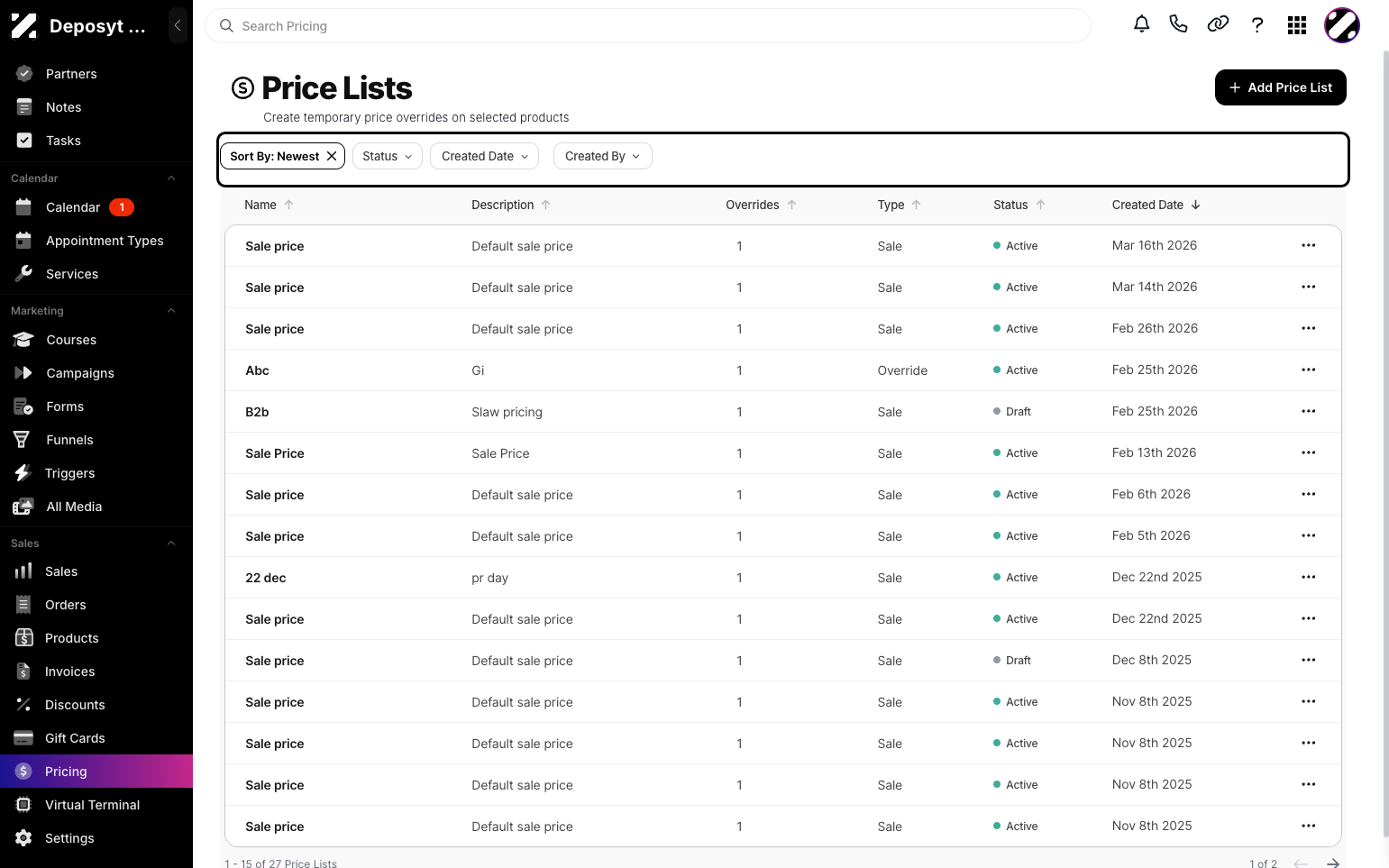 Step 2: You will then be navigated to the Price Lists tab.