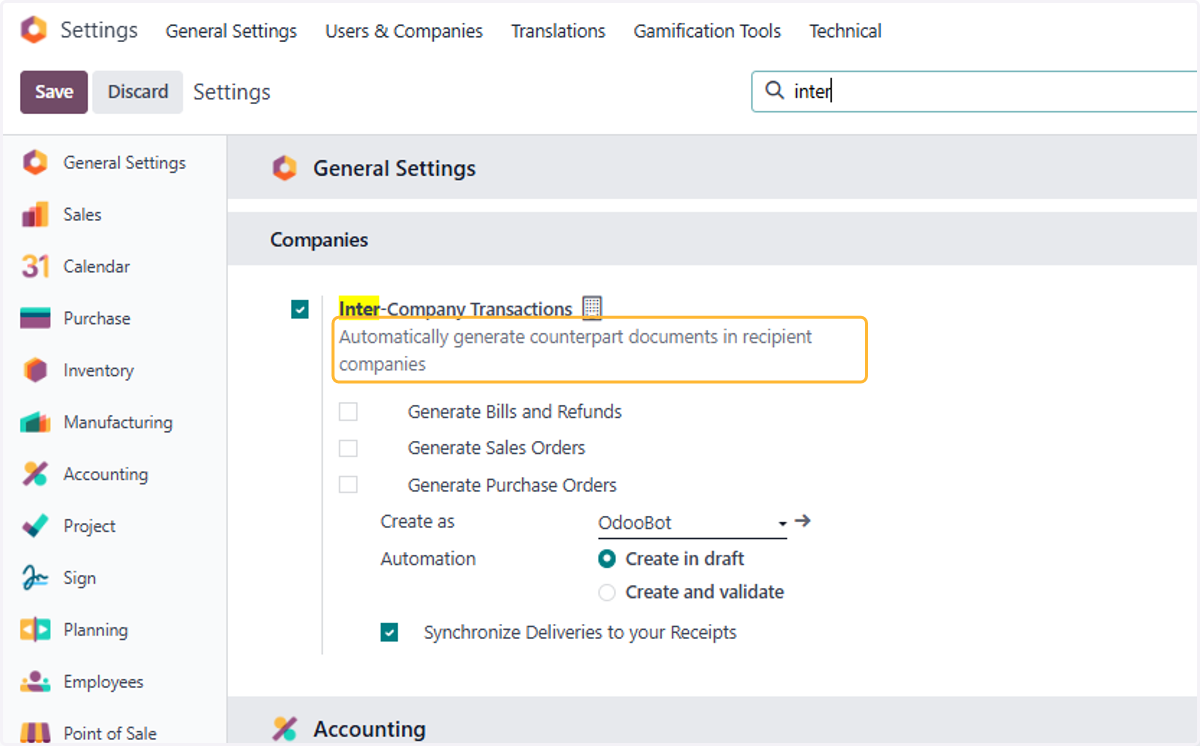 Click on Automatically generate counterpart documents in recipient companies