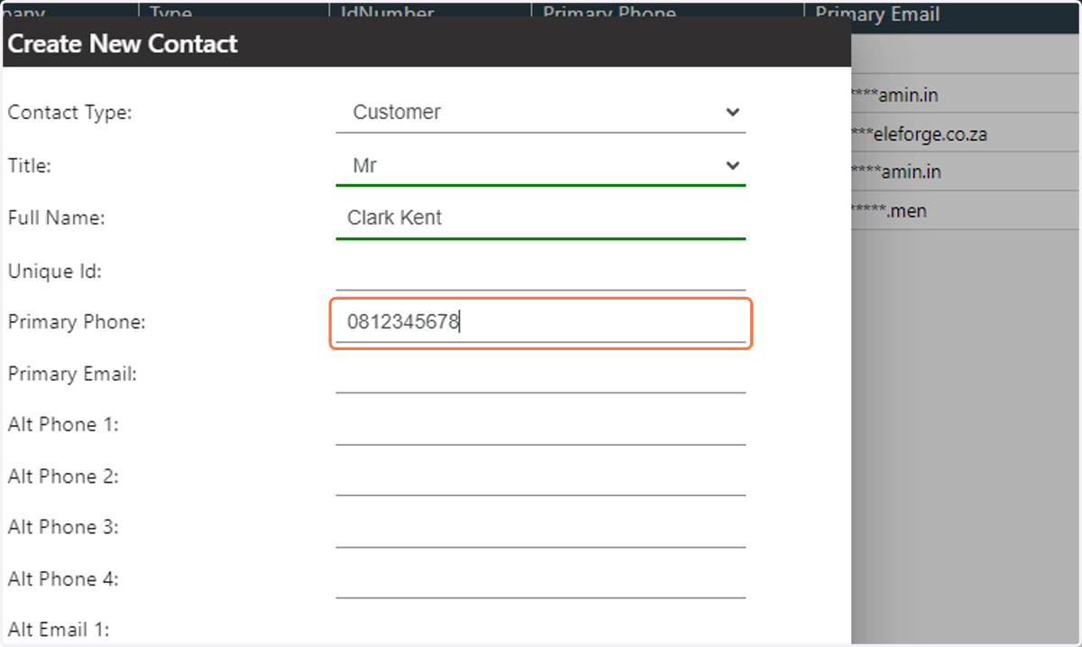 Enter the contact primary phone number for the contact