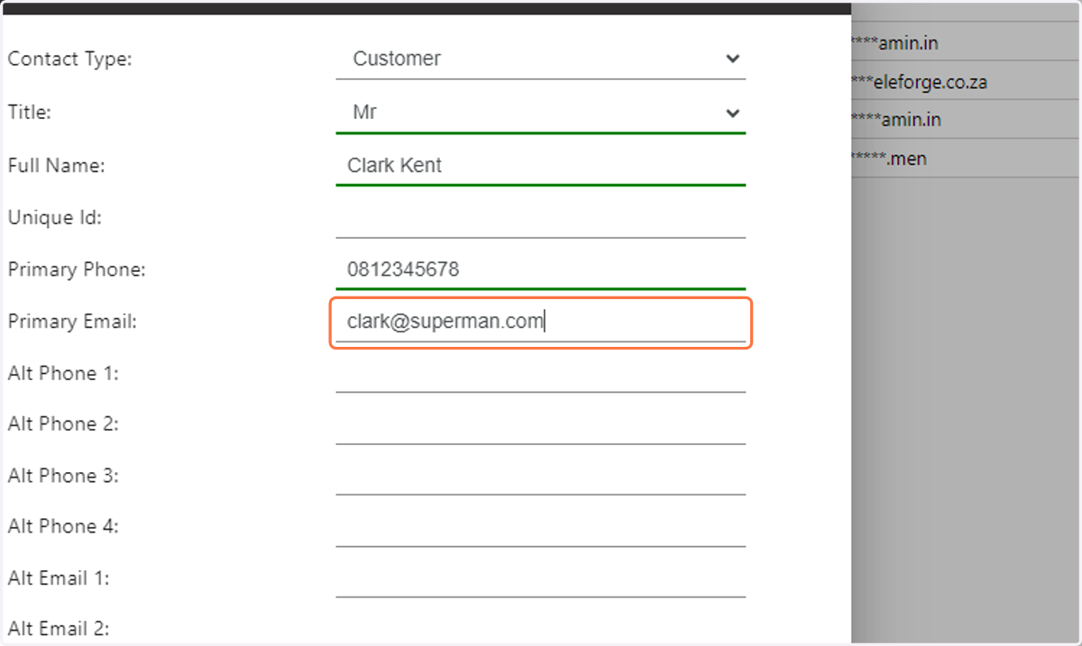 Enter the contact primary email address for the contact