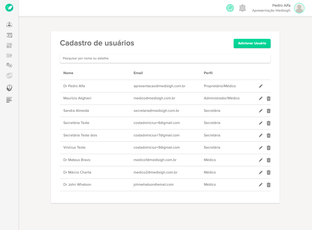Caso Precise Editar ou Excluir o usuário clique nos ícones na linha do nome