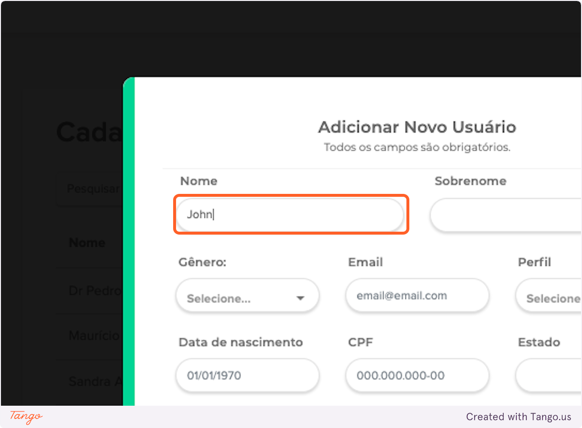 Preencha todos os dados do usuário