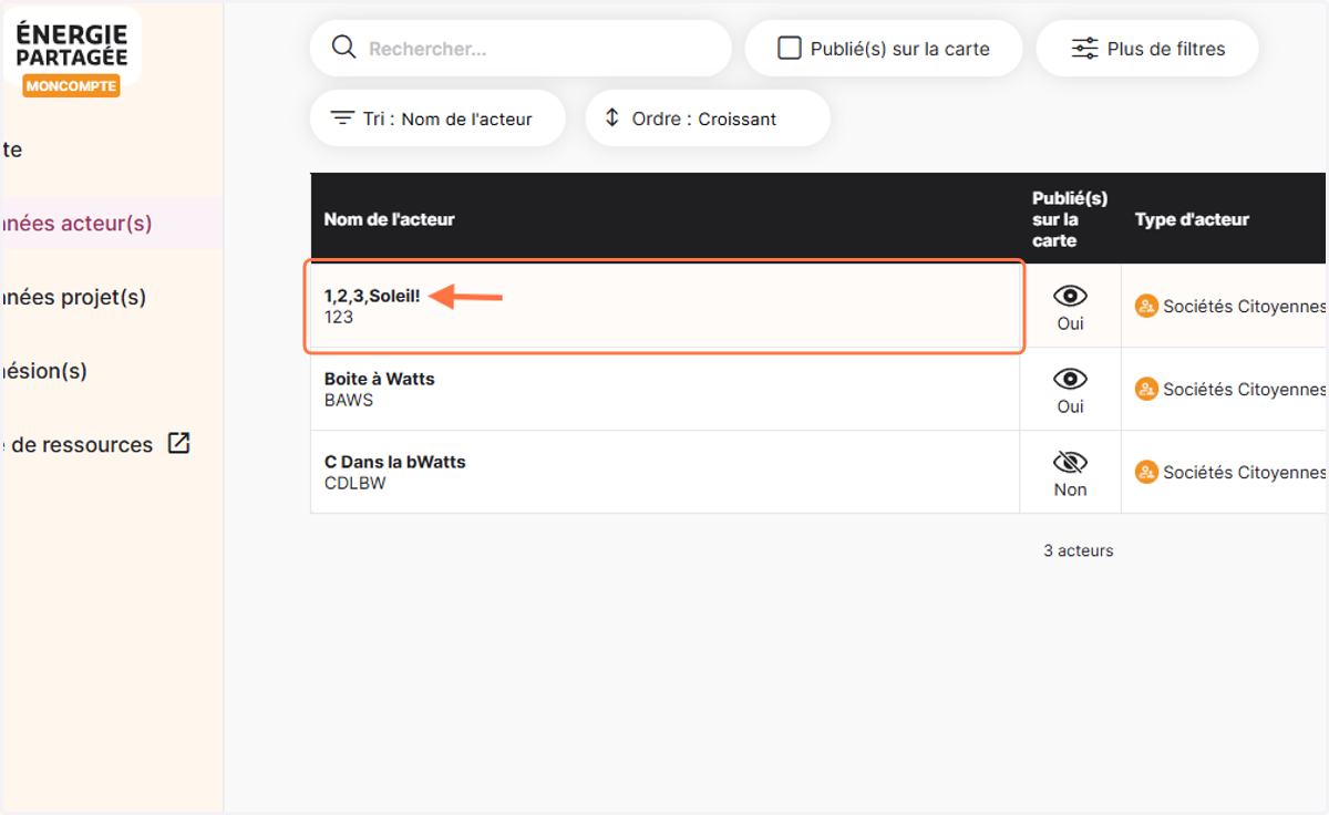 Puis cliquer sur le nom de votre structure