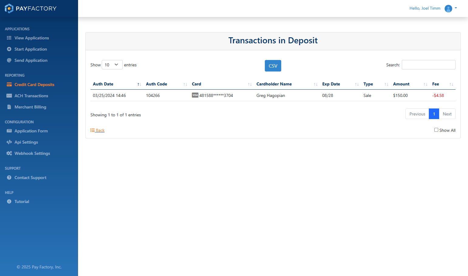 Click on Back to Return to the list of deposits