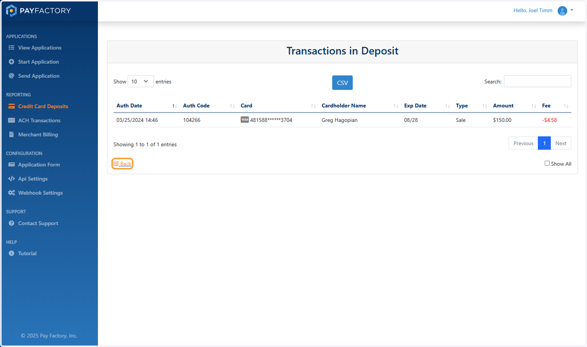 Click on Back to Return to the list of deposits